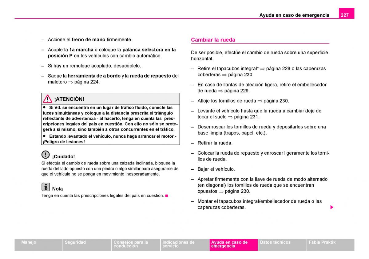 Skoda Fabia I 1 manual del propietario / page 228