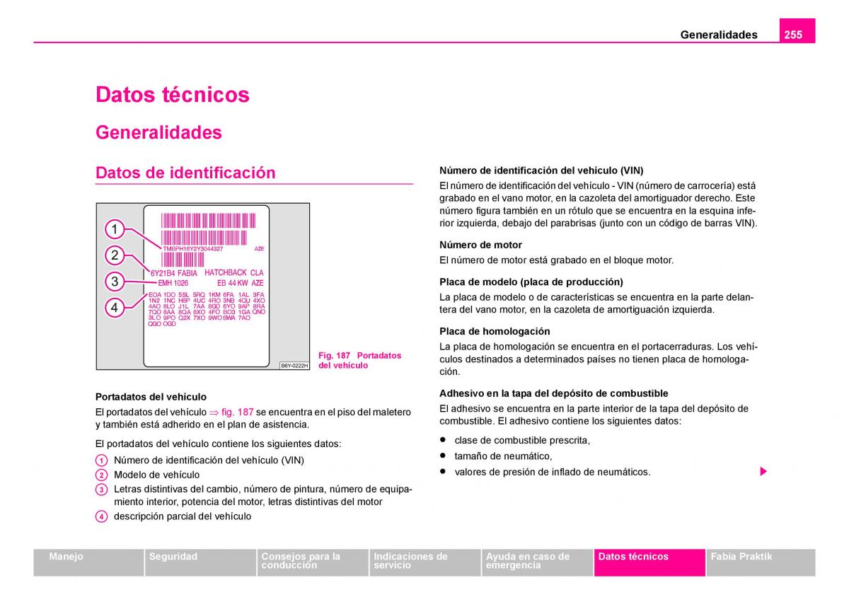 Skoda Fabia I 1 manual del propietario / page 256