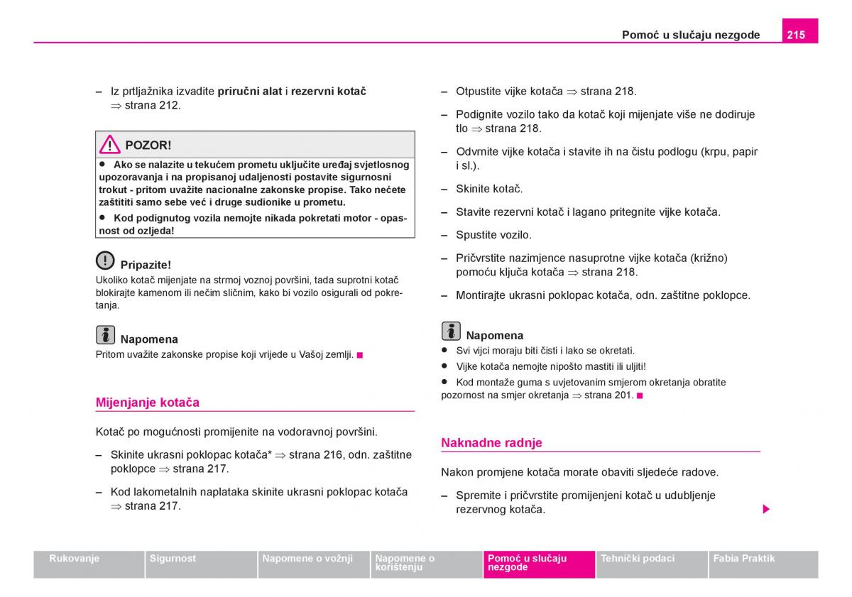 Skoda Fabia I 1 vlasnicko uputstvo / page 216