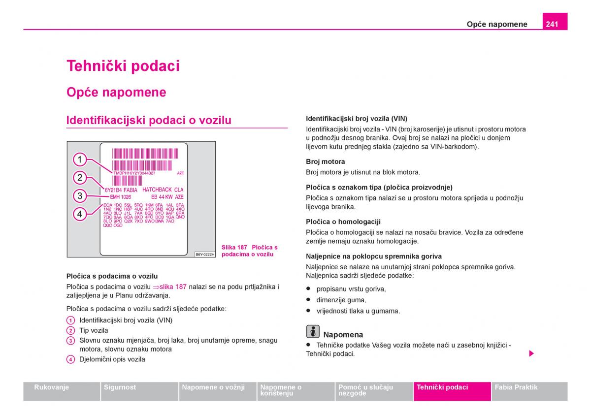 Skoda Fabia I 1 vlasnicko uputstvo / page 242