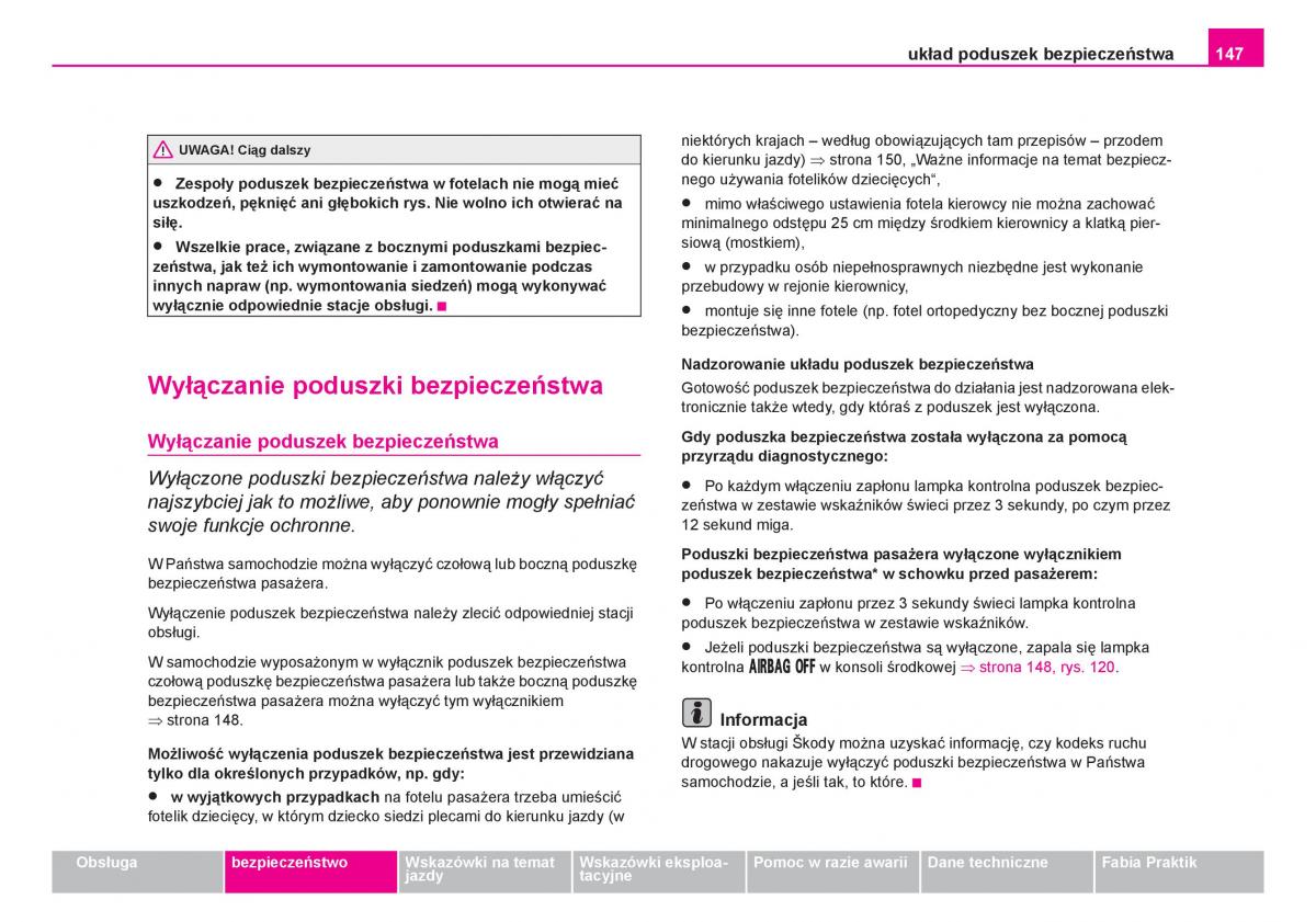 Skoda Fabia I 1 instrukcja obslugi / page 148