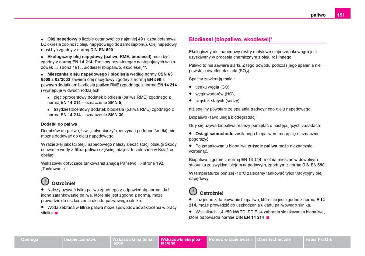 Skoda Fabia I 1 instrukcja obslugi / page 192