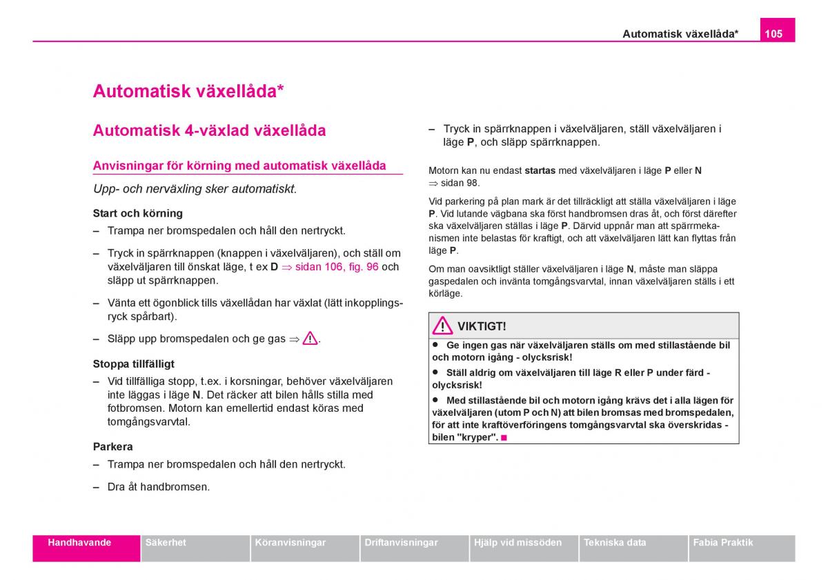 Skoda Fabia I 1 instruktionsbok / page 106