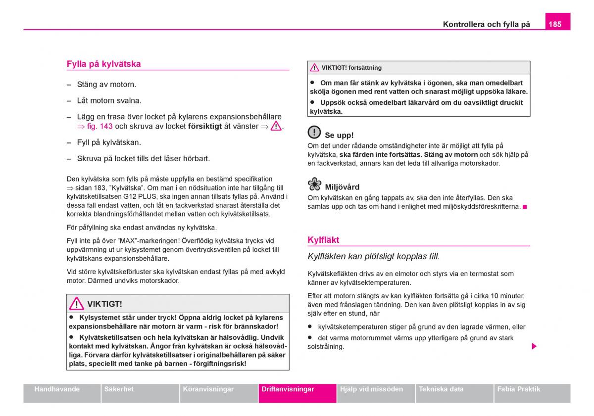 Skoda Fabia I 1 instruktionsbok / page 186