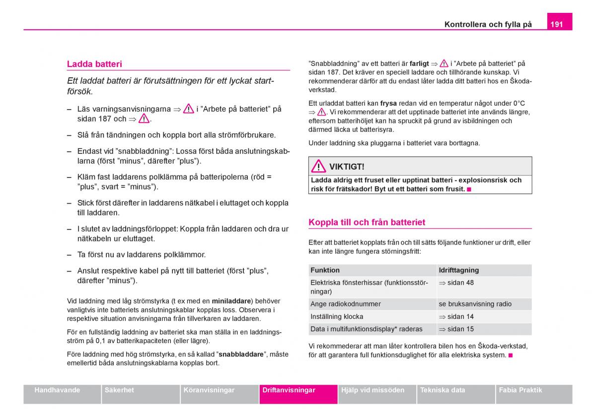 Skoda Fabia I 1 instruktionsbok / page 192