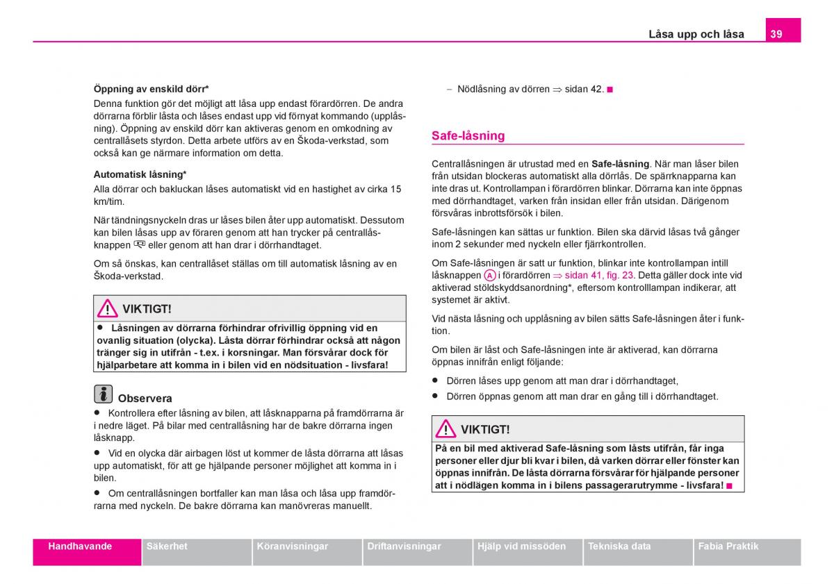 Skoda Fabia I 1 instruktionsbok / page 40