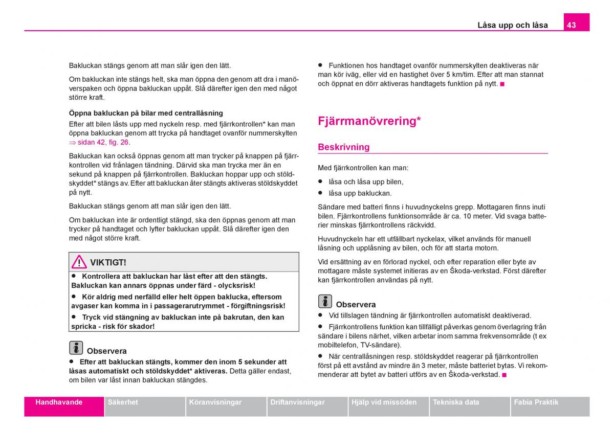 Skoda Fabia I 1 instruktionsbok / page 44