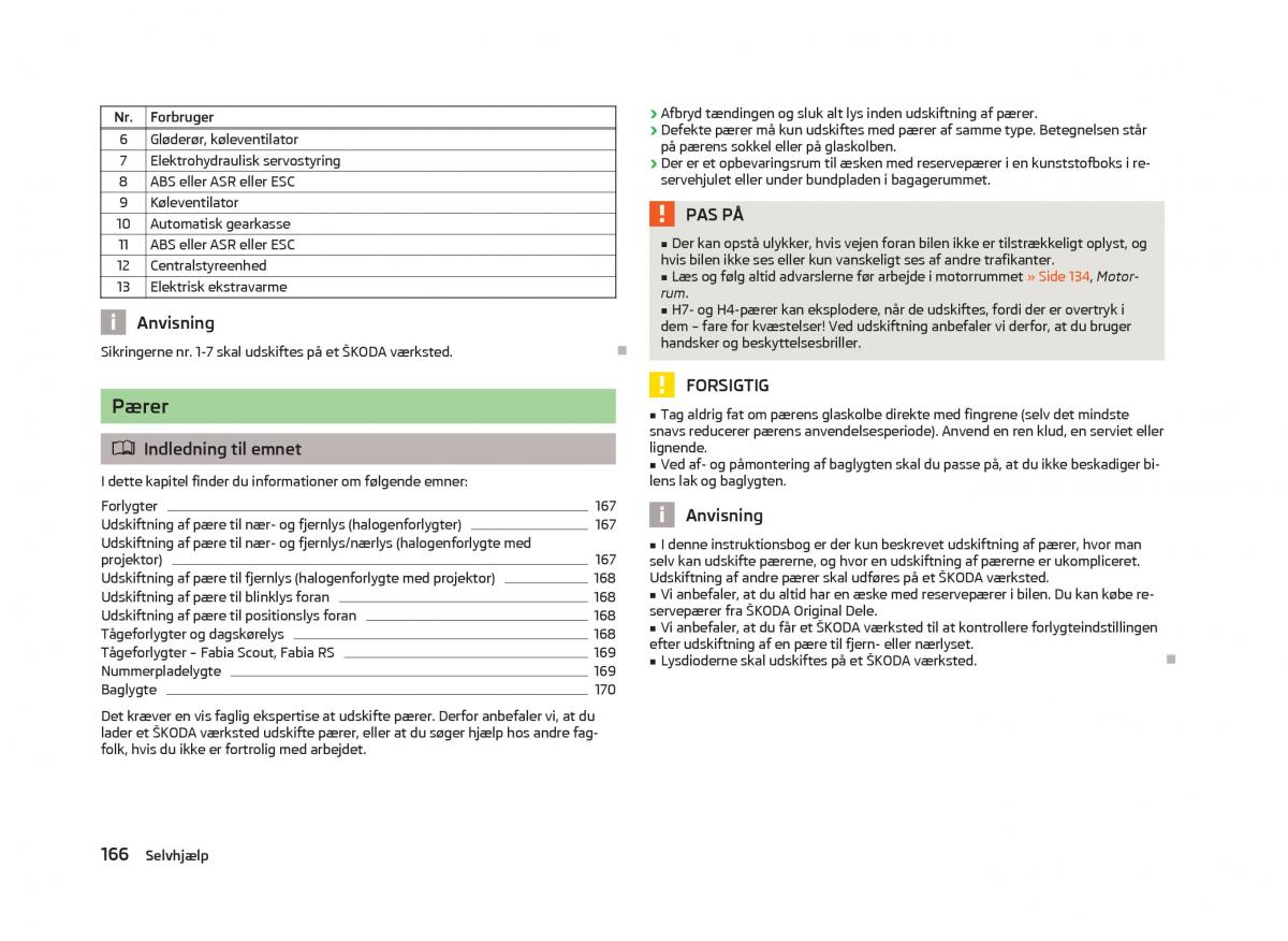 Skoda Fabia II 2 Bilens instruktionsbog / page 168