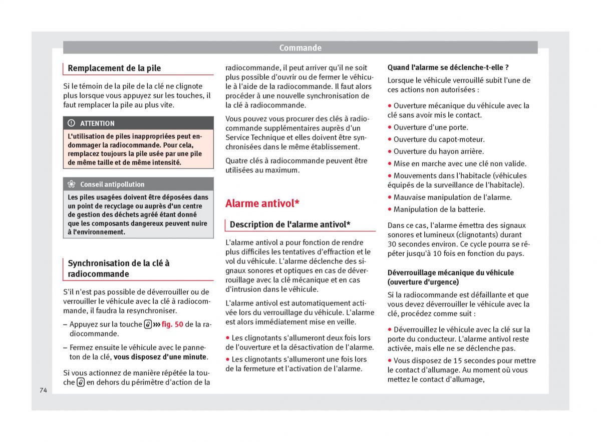 Seat Altea manuel du proprietaire / page 76