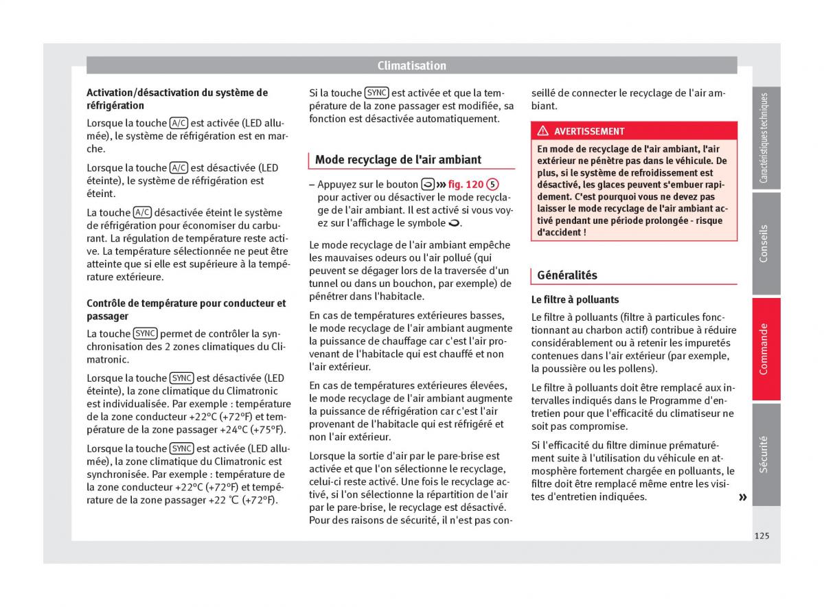 Seat Altea manuel du proprietaire / page 127