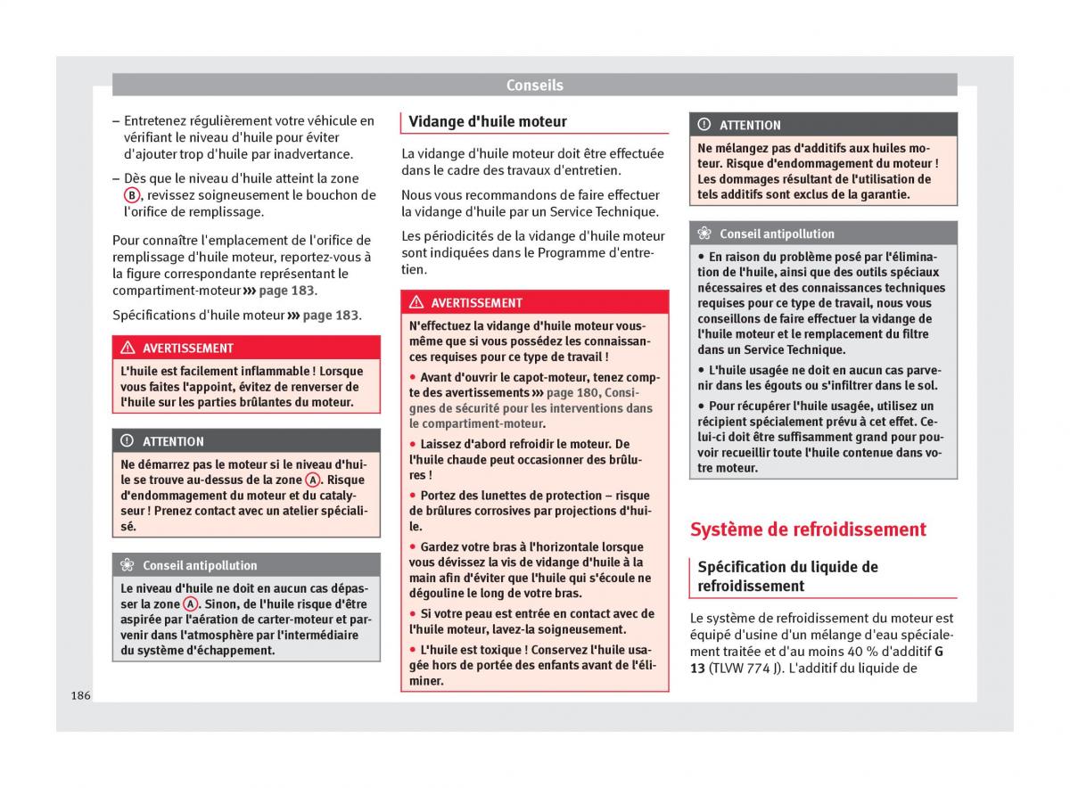 Seat Altea manuel du proprietaire / page 188