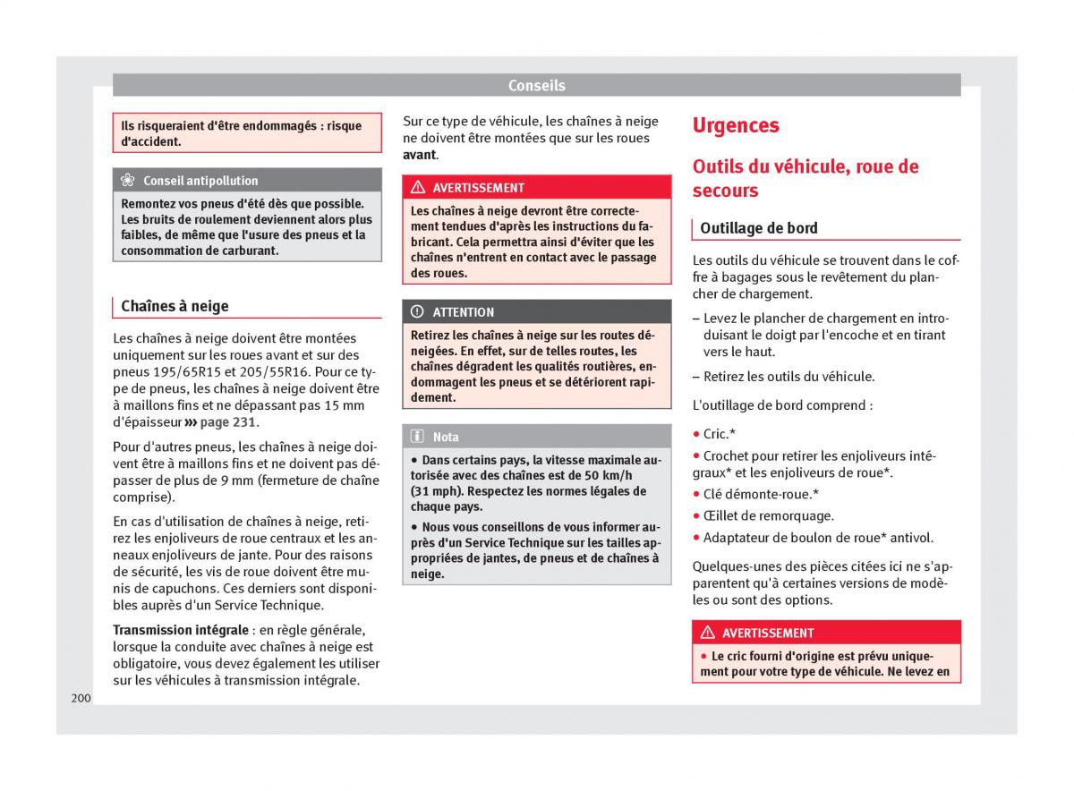 Seat Altea manuel du proprietaire / page 202