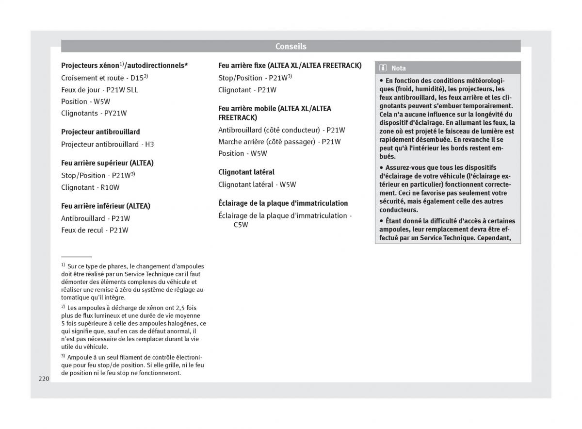 Seat Altea manuel du proprietaire / page 222