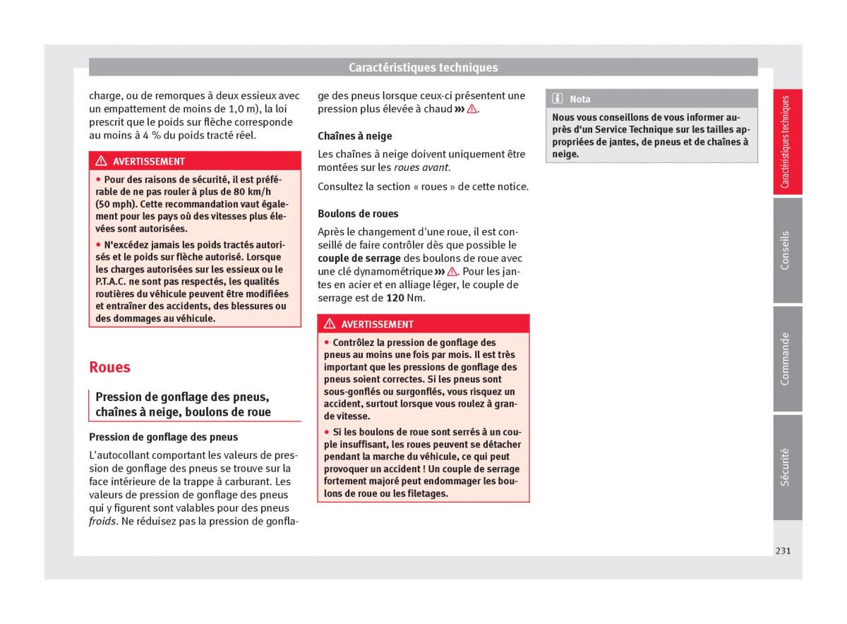 Seat Altea manuel du proprietaire / page 233