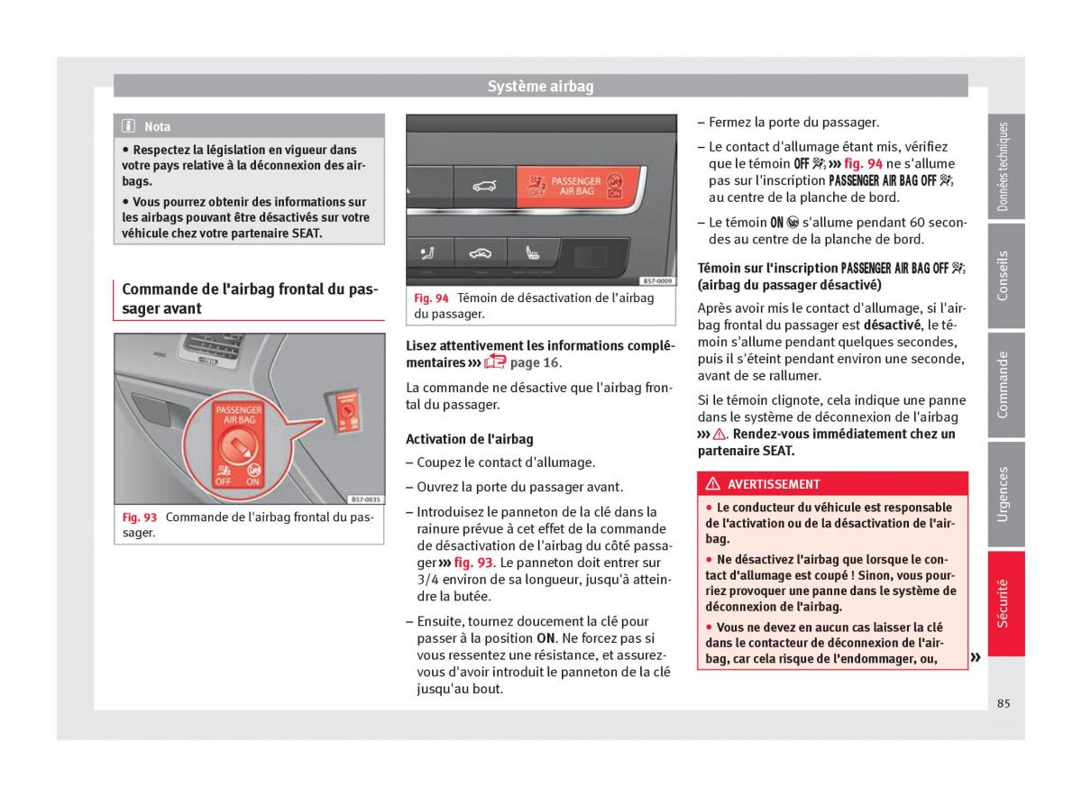 manuel du propriétaire  Seat Ateca manuel du proprietaire / page 87