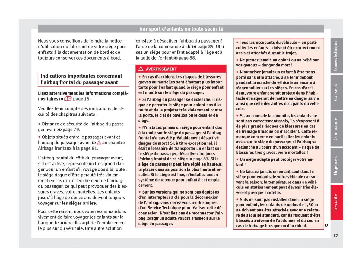 manuel du propriétaire  Seat Ateca manuel du proprietaire / page 89