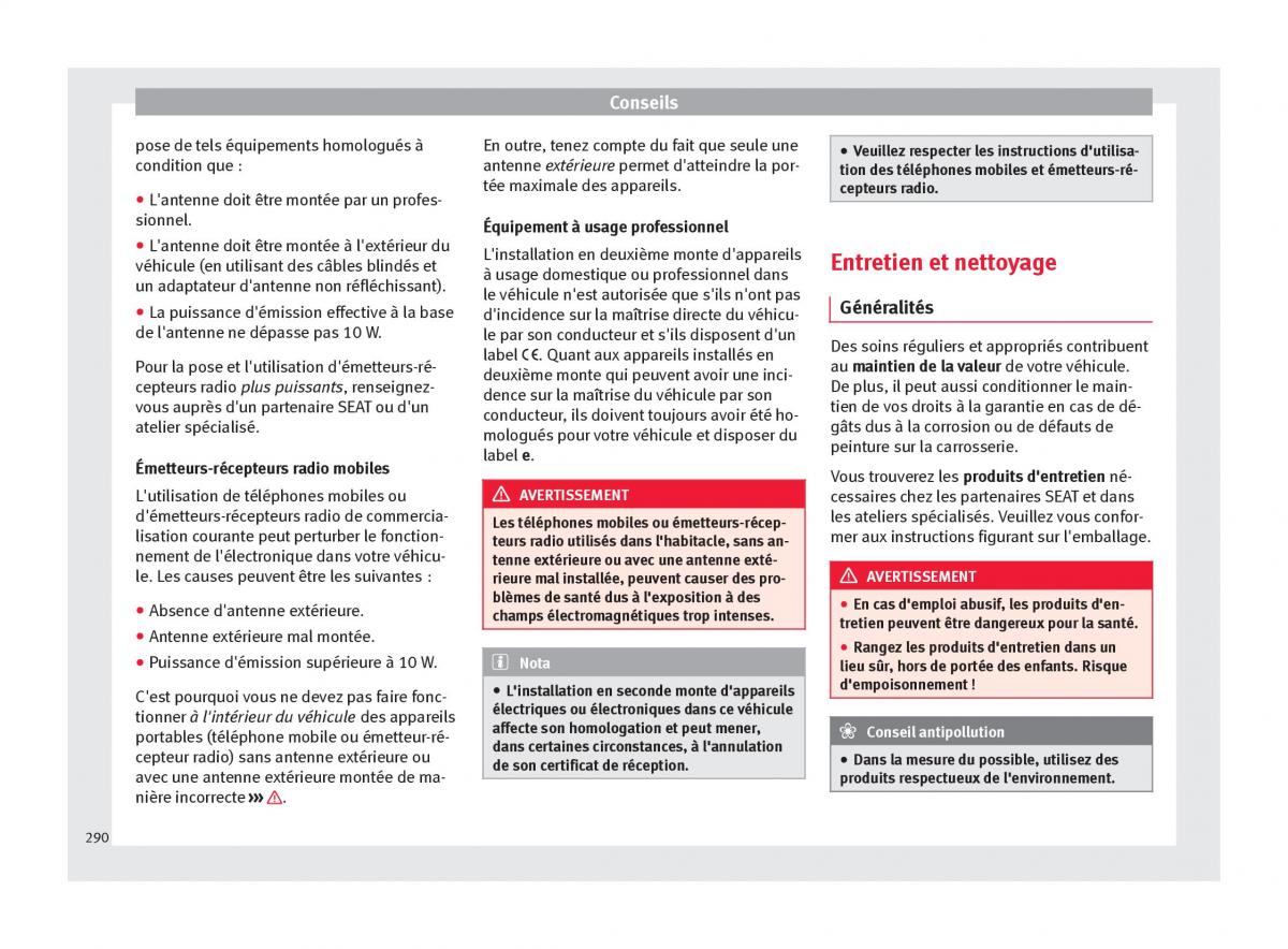 manuel du propriétaire  Seat Ateca manuel du proprietaire / page 292