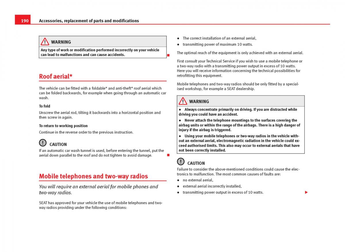 Seat Ibiza IV 4 owners manual / page 192