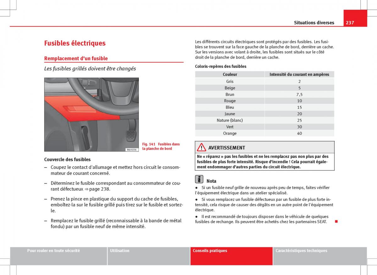 Seat Ibiza IV 4 manuel du proprietaire / page 239