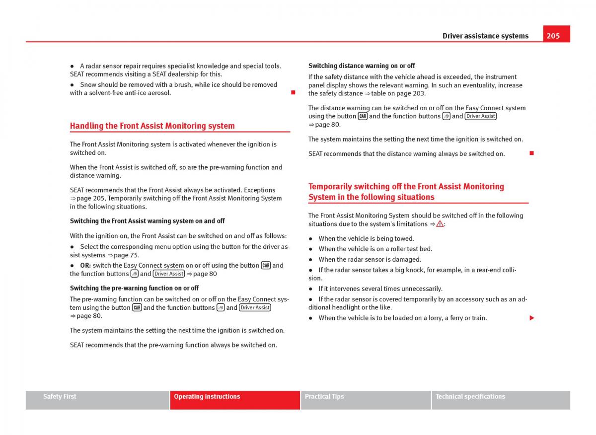 Seat Leon III 3 owners manual / page 207