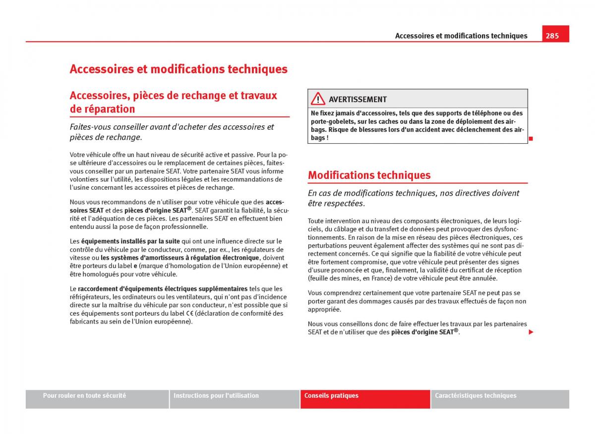 Seat Leon III 3 manuel du proprietaire / page 287