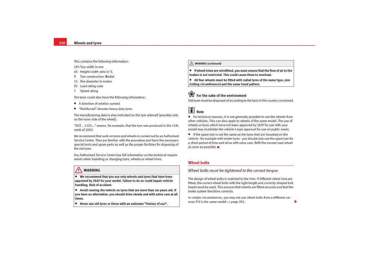 Seat Toledo III 3 owners manual / page 232