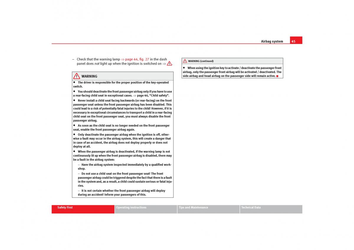 Seat Toledo III 3 owners manual / page 47