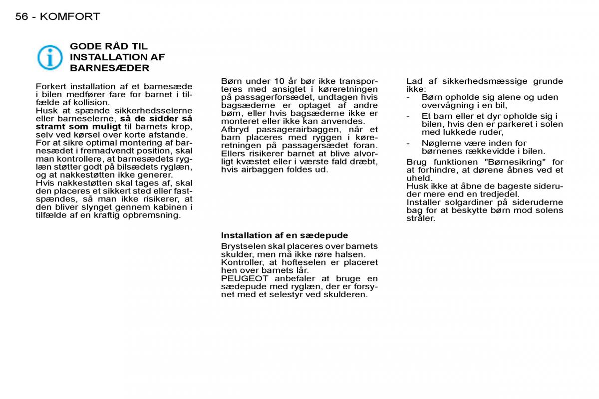 Peugeot 206 Bilens instruktionsbog / page 54