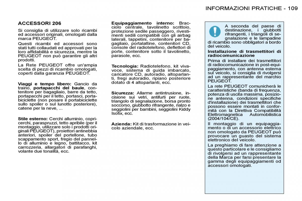 Peugeot 206 manuale del proprietario / page 114