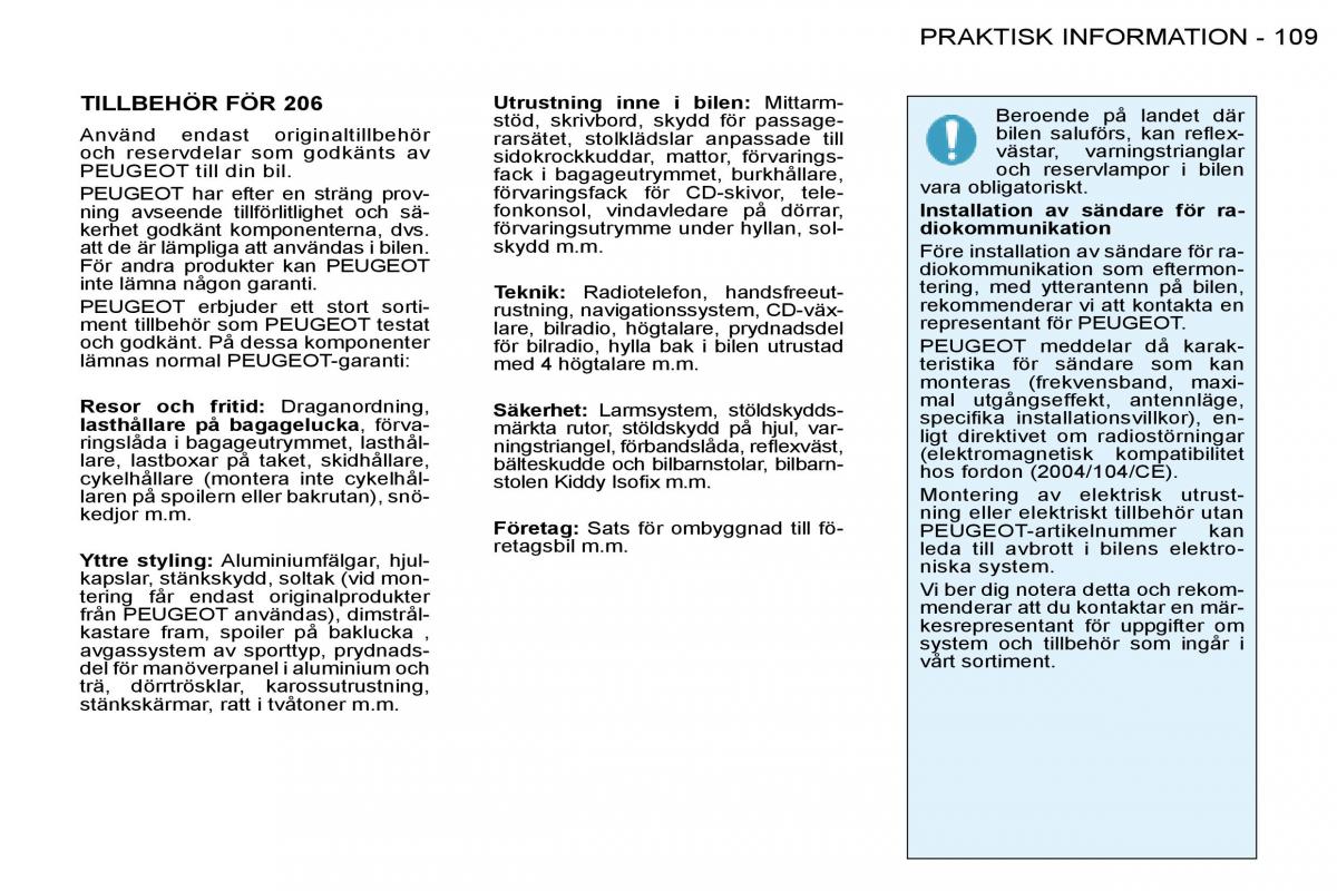 Peugeot 206 instruktionsbok / page 116