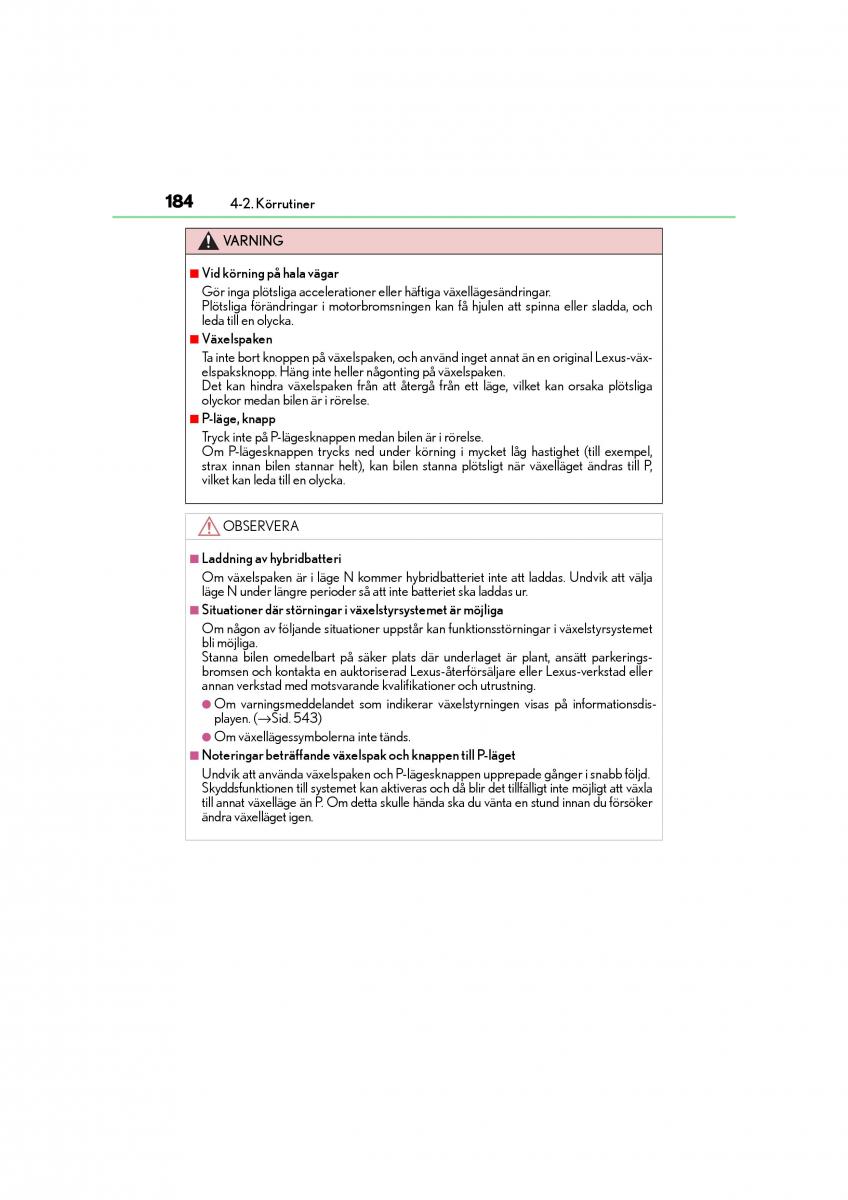 Lexus CT200h instruktionsbok / page 184