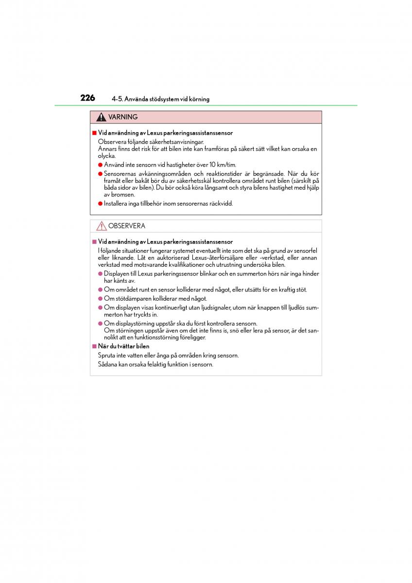 Lexus CT200h instruktionsbok / page 226