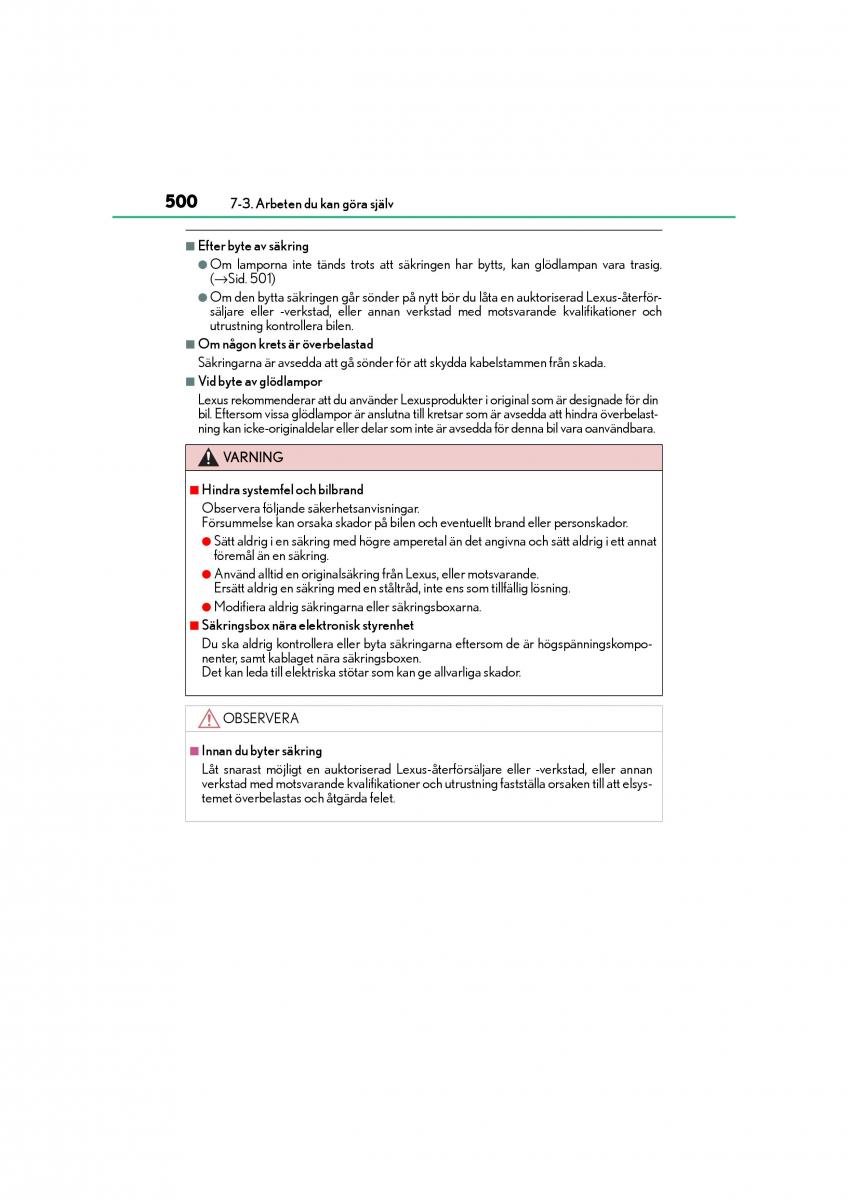 Lexus CT200h instruktionsbok / page 500