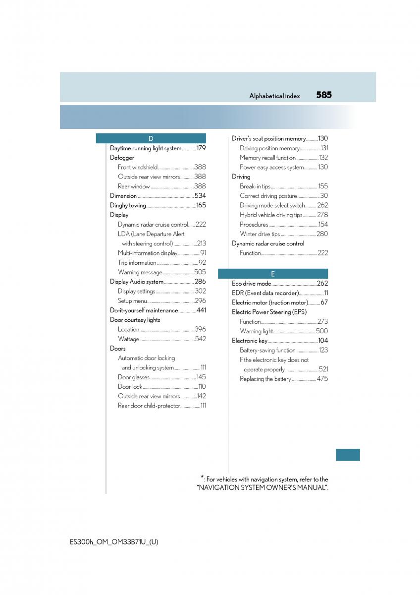 manual  Lexus ES300h VI 6 XV60 owners manual / page 585