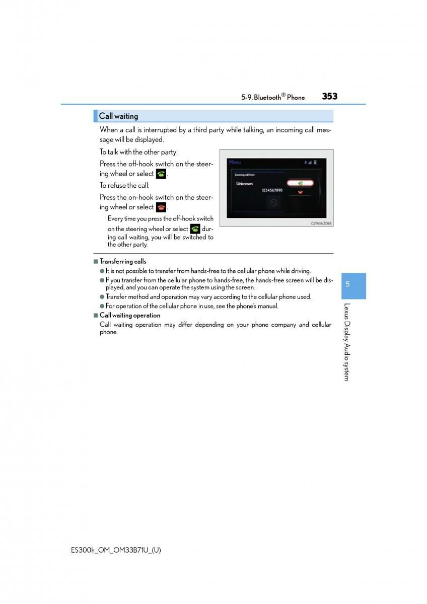 manual  Lexus ES300h VI 6 XV60 owners manual / page 353