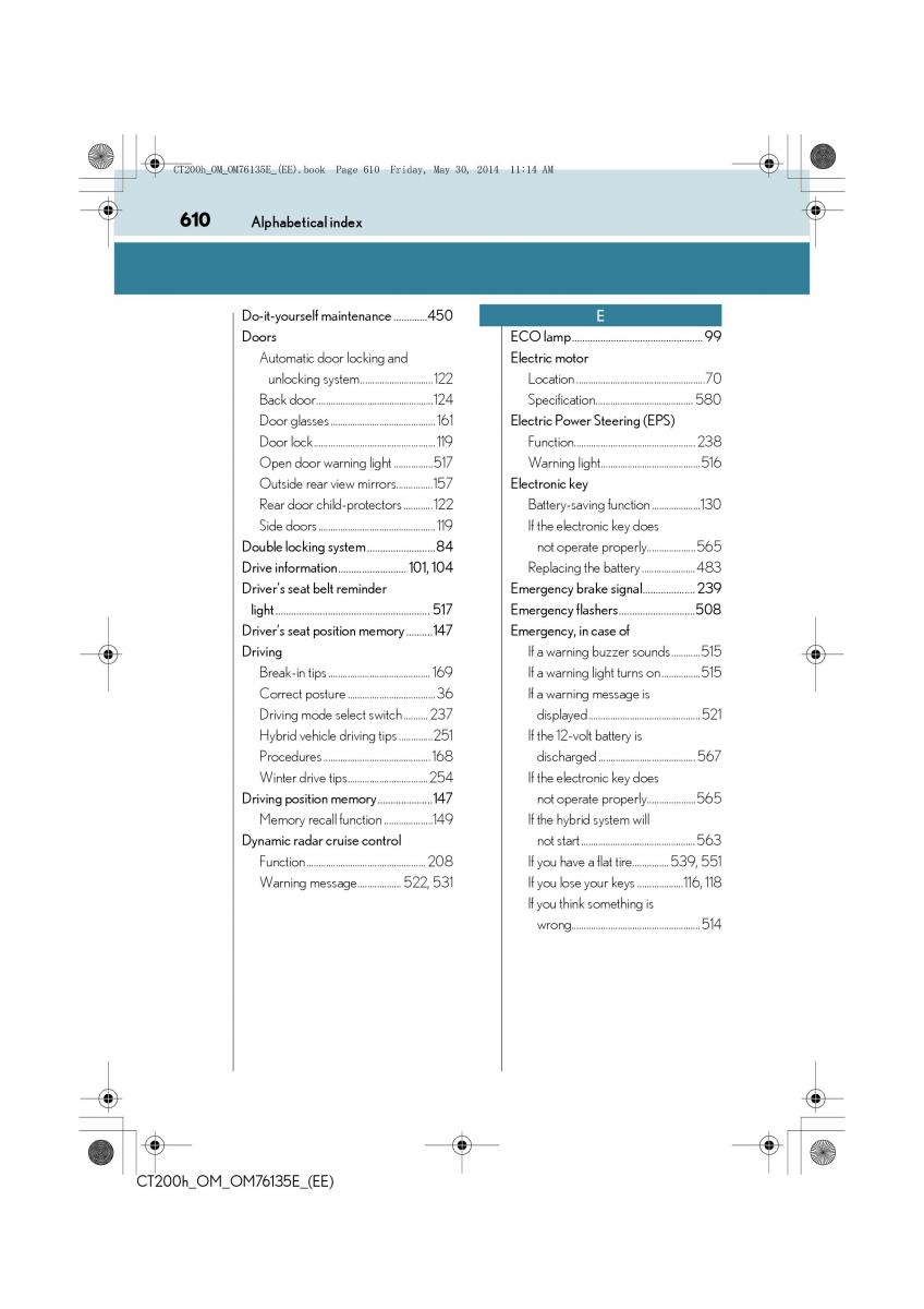 Lexus CT200h owners manual / page 610