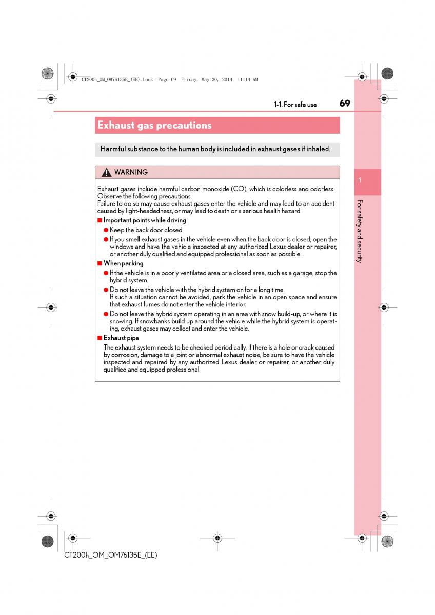 Lexus CT200h owners manual / page 69