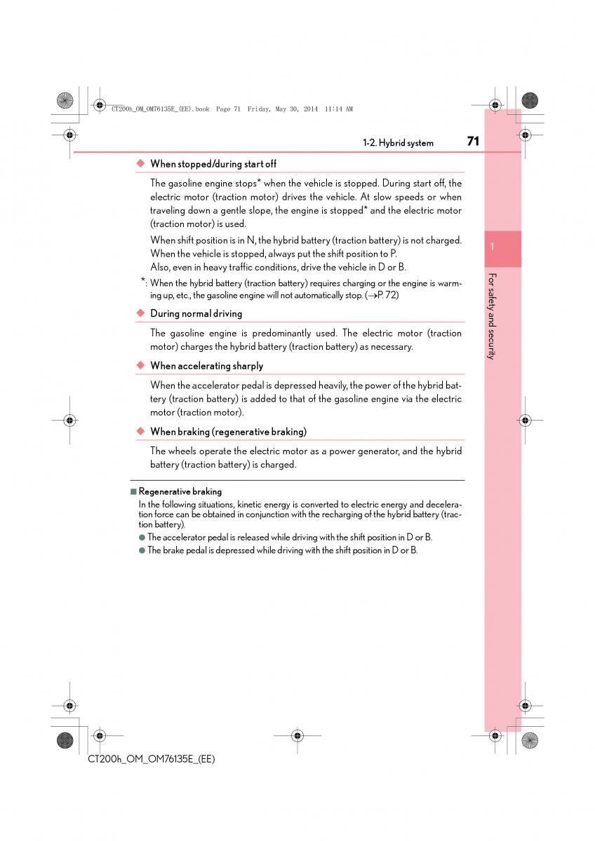 Lexus CT200h owners manual / page 71