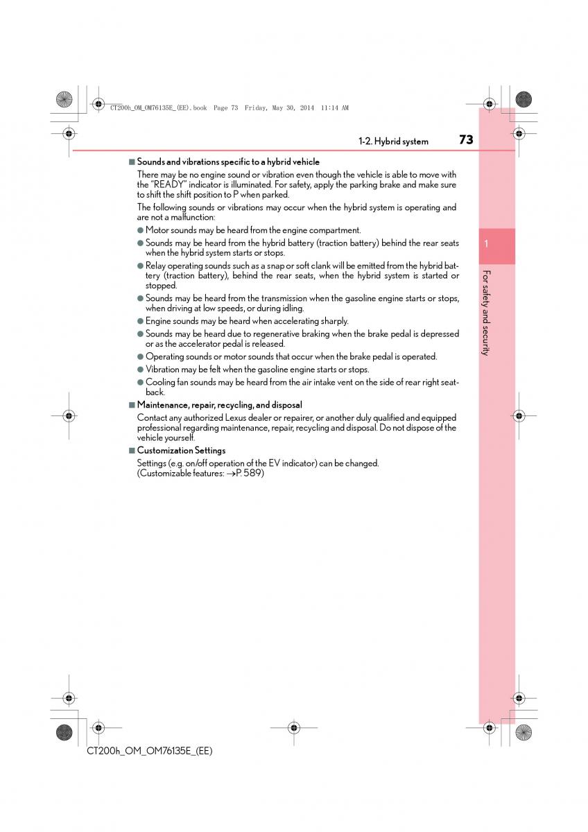 Lexus CT200h owners manual / page 73