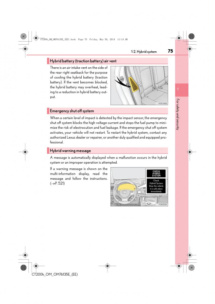 Lexus CT200h owners manual / page 75