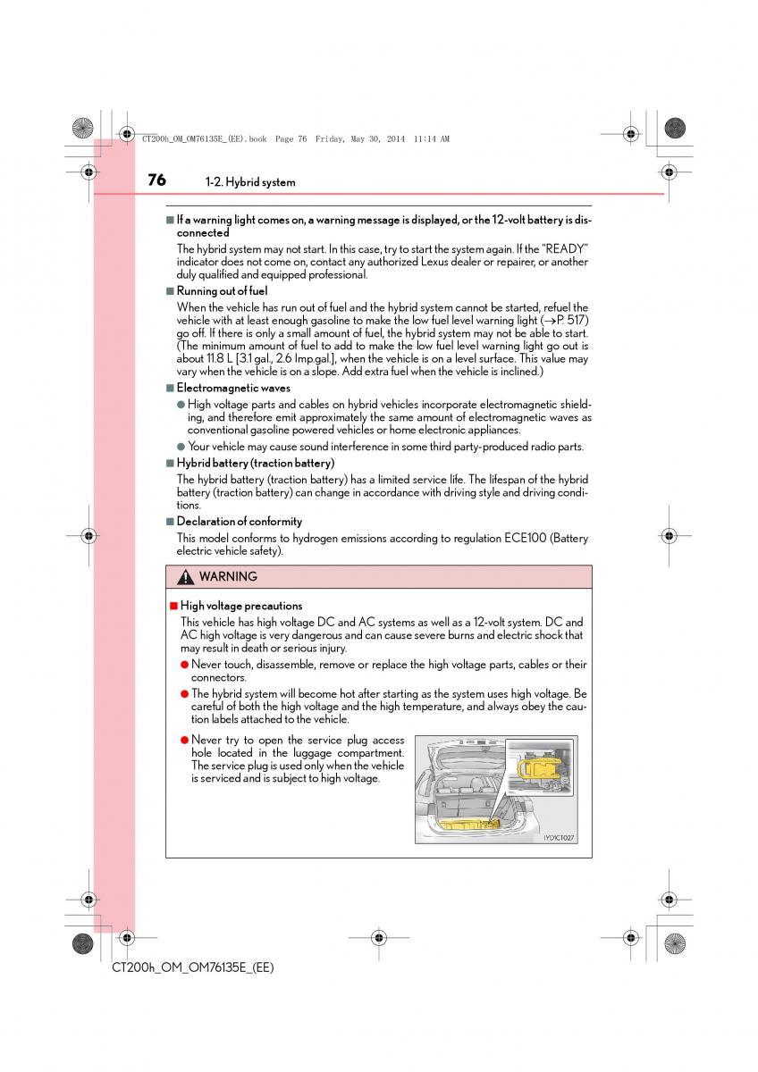 Lexus CT200h owners manual / page 76