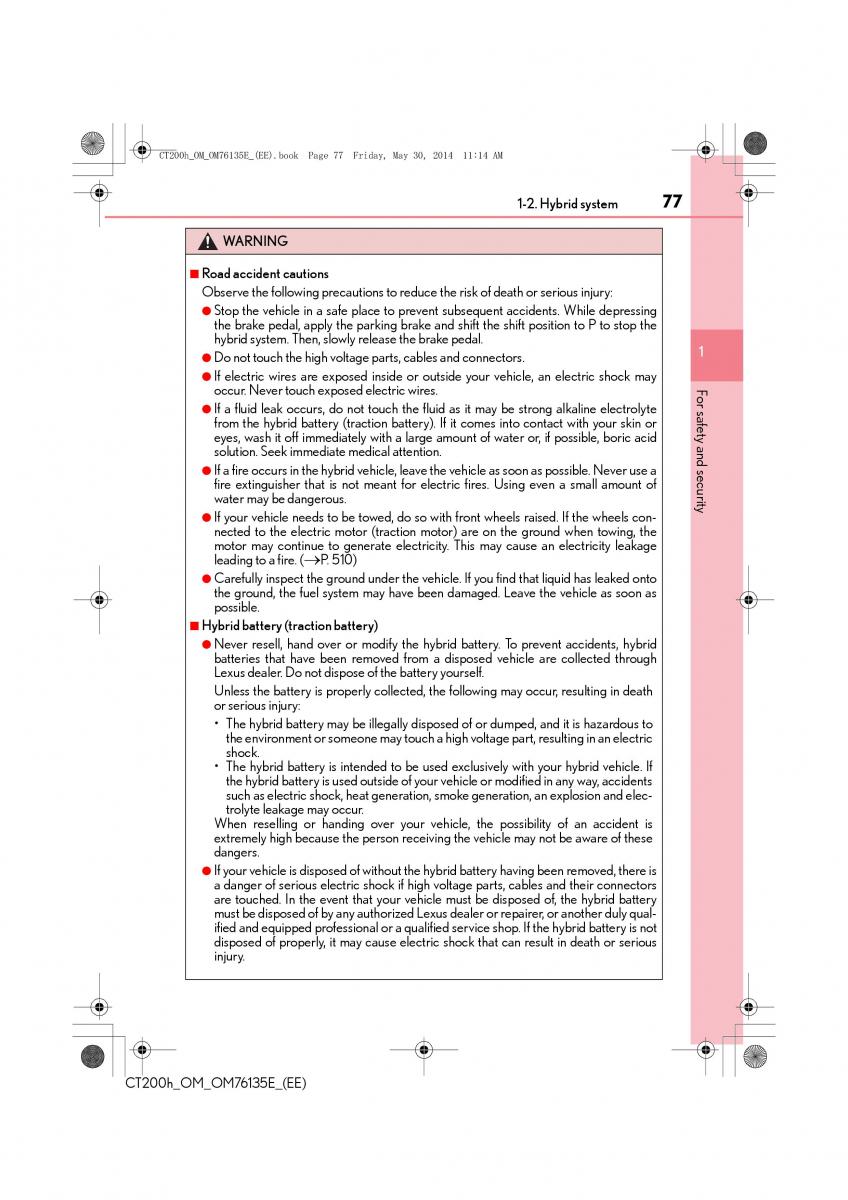 Lexus CT200h owners manual / page 77