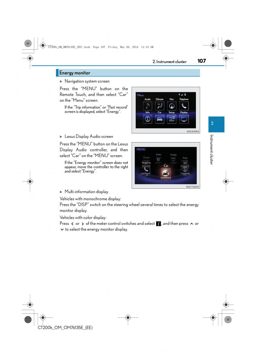 Lexus CT200h owners manual / page 107