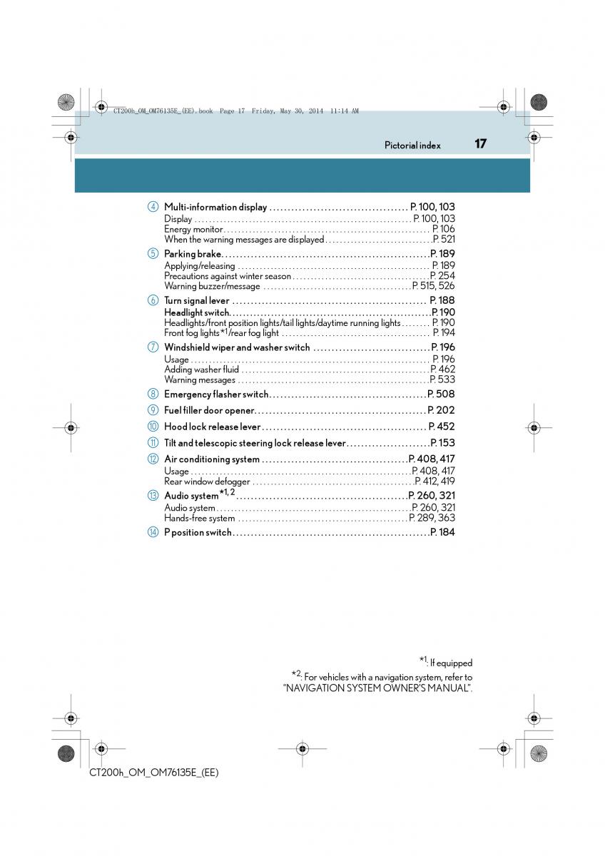 Lexus CT200h owners manual / page 17