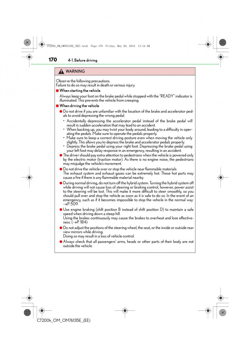 Lexus CT200h owners manual / page 170