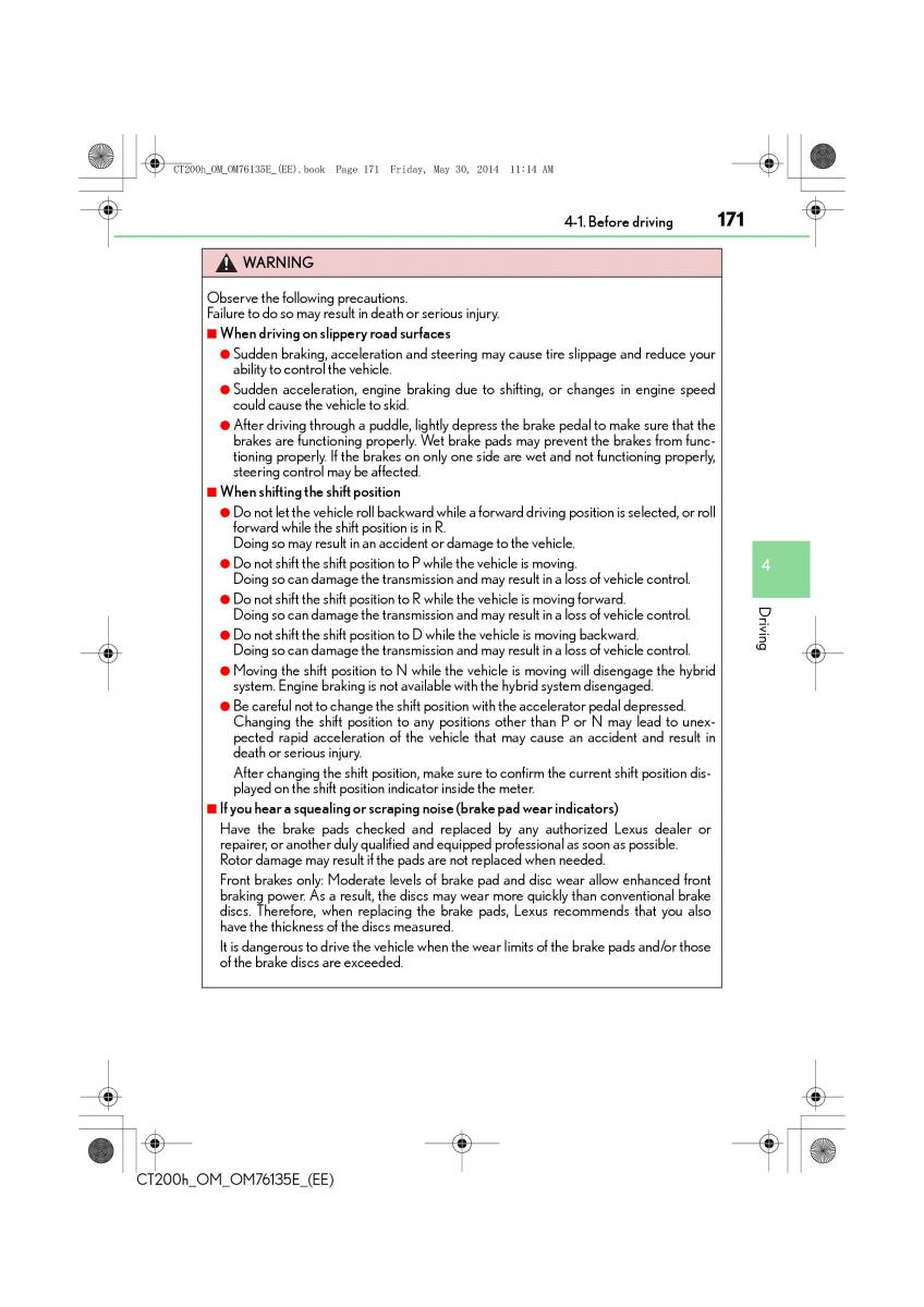 Lexus CT200h owners manual / page 171