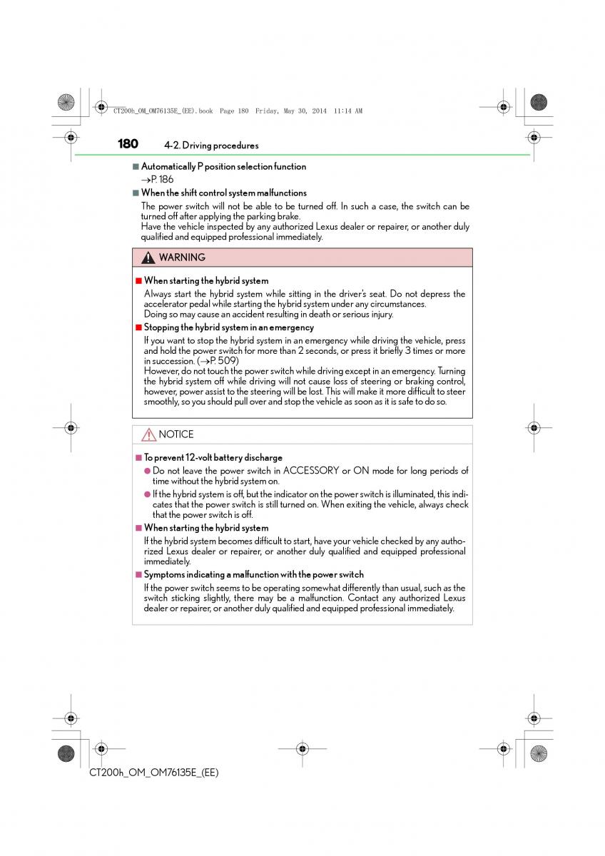 Lexus CT200h owners manual / page 180