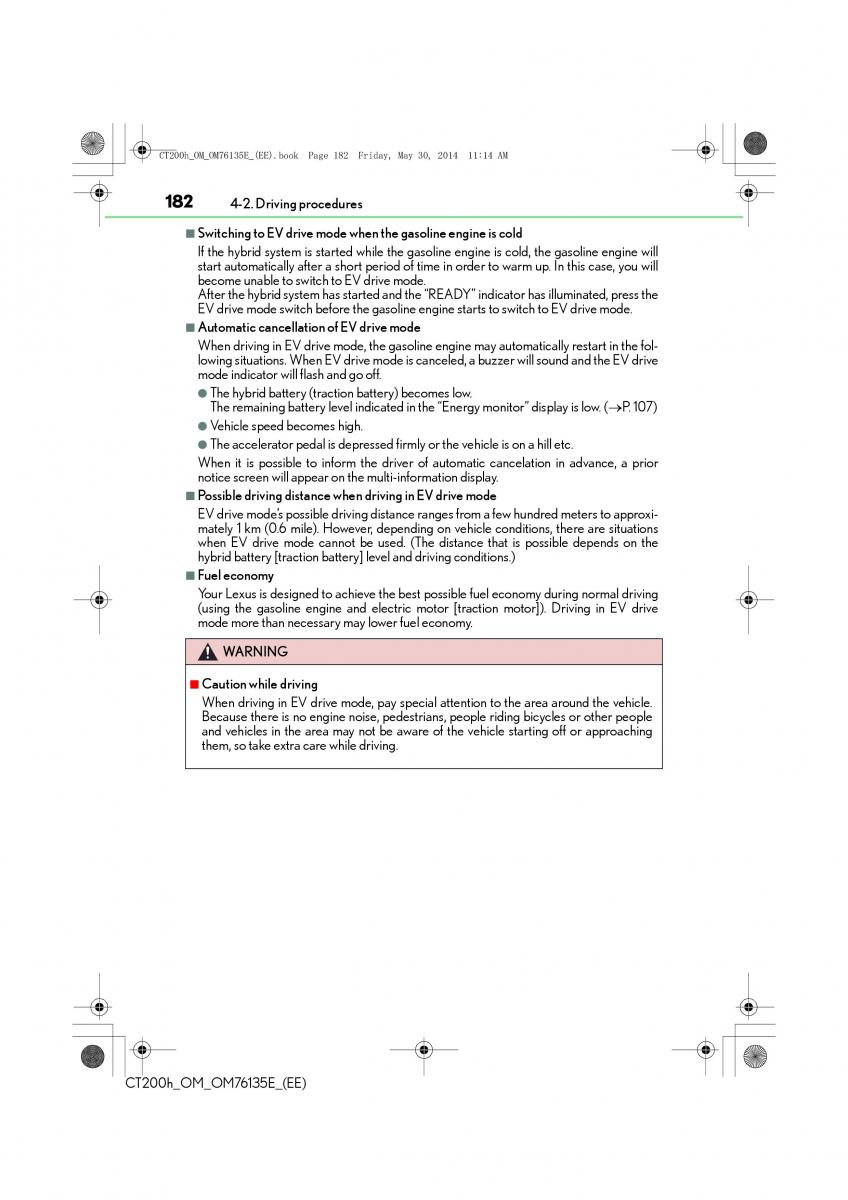 Lexus CT200h owners manual / page 182