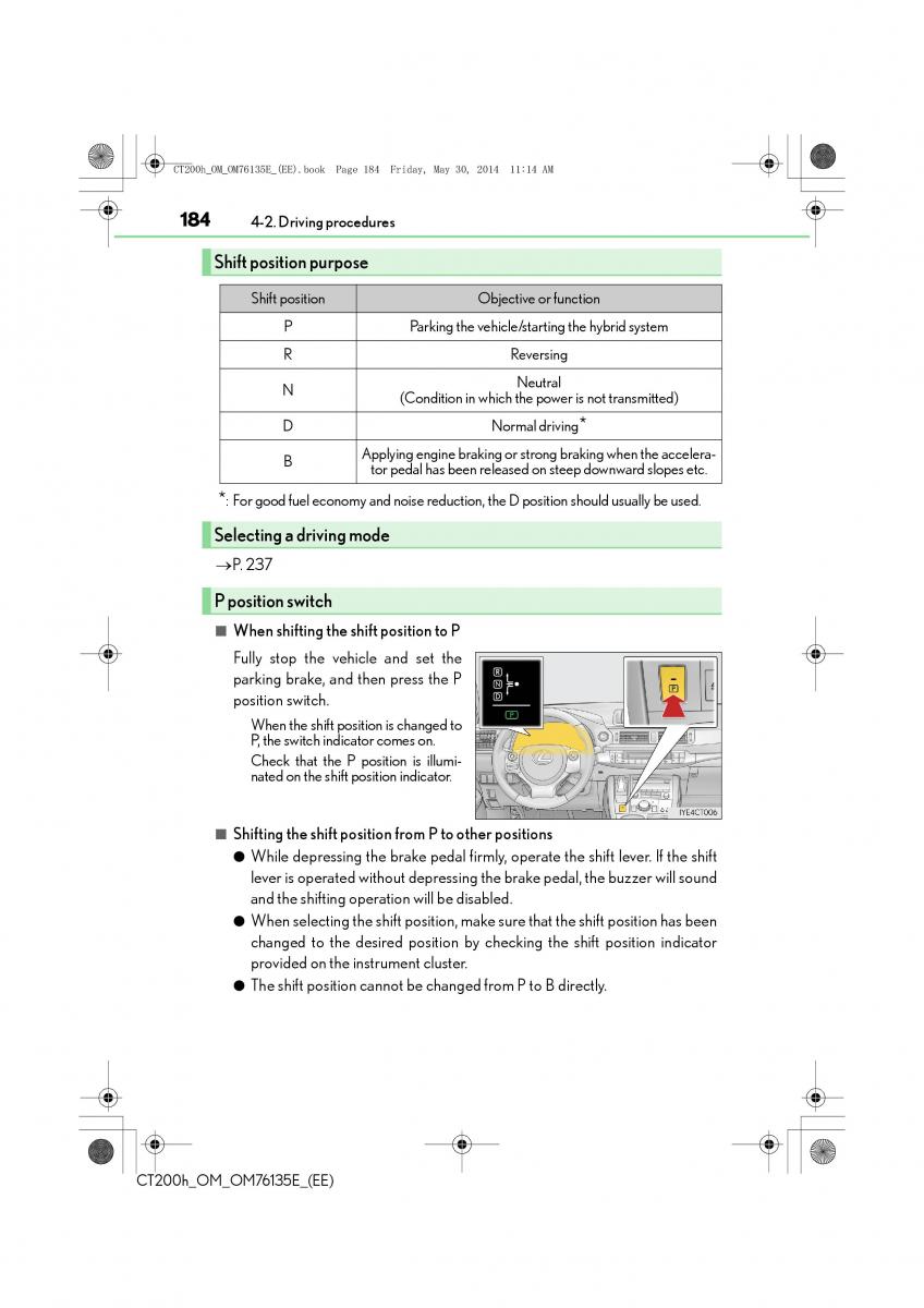 Lexus CT200h owners manual / page 184