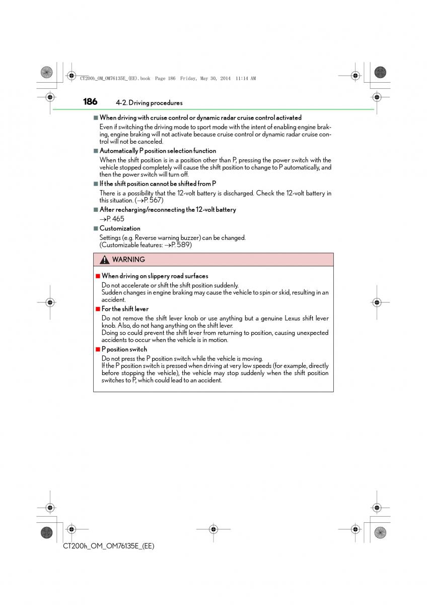 Lexus CT200h owners manual / page 186